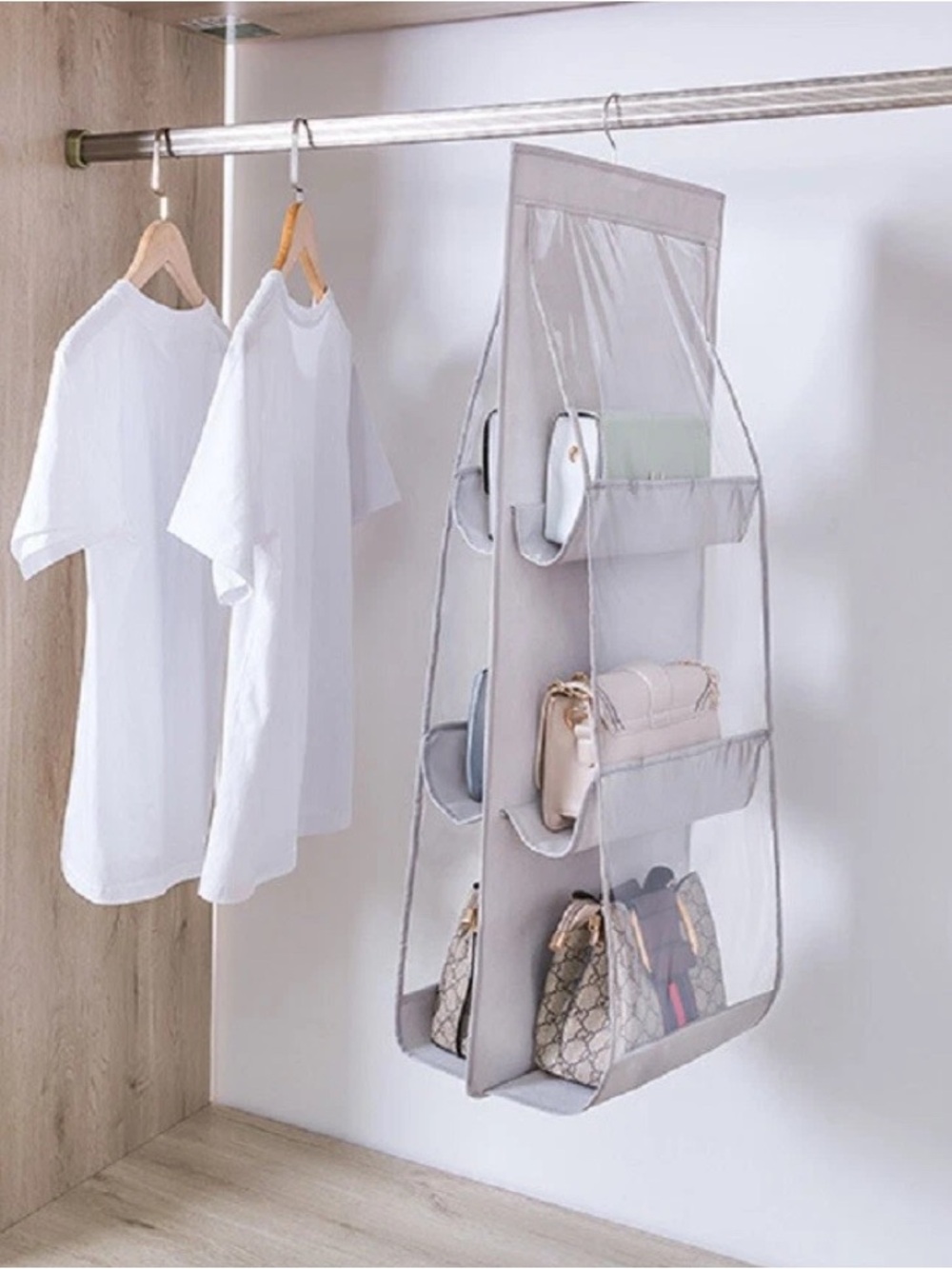 New Closet Organizer for Bags, 6 Pocket GRAY Color